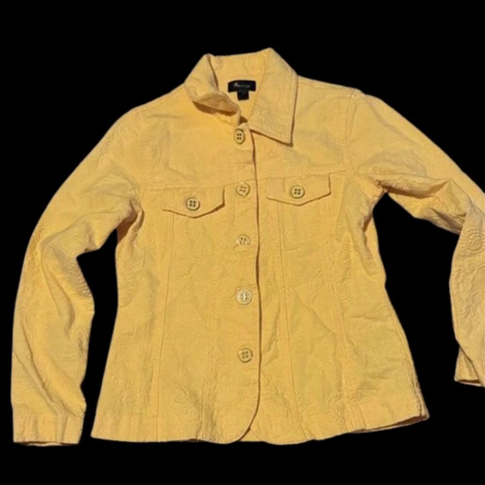 Analogy Womens Fitted Jacket S Yellow Textured Floral Long Sleeve Button Stretch